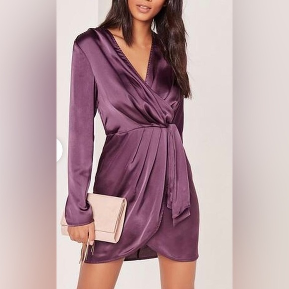 Missguided Dresses & Skirts - Misguided silky purple wrap style dress with a deep V Neck - Size Medium